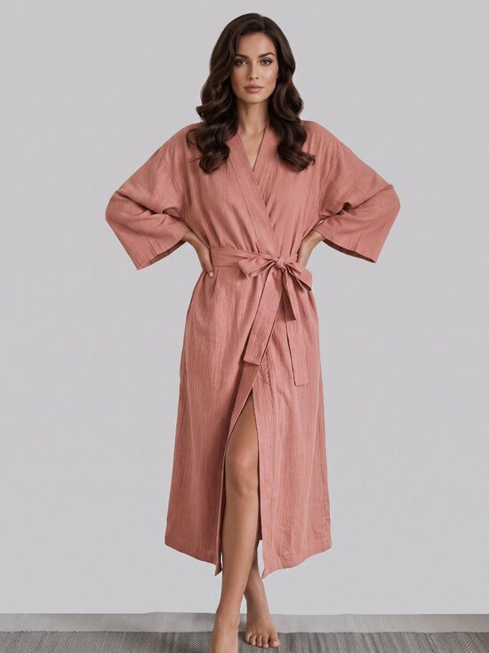 Other - Women's Dusty Pink Cotton Wrap Robe Long Sleeve Belted Casual Lounge Coverup